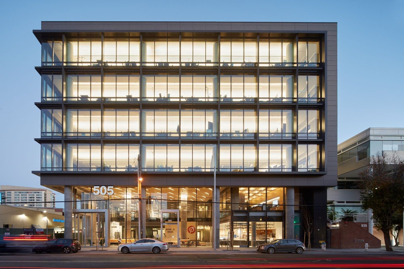 Pinterest: 505 Brannan Street lit up at dusk