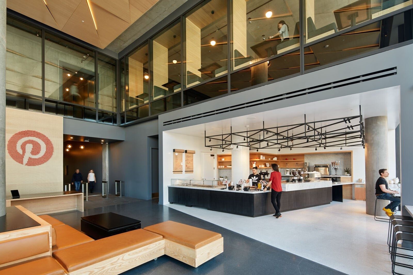 Pinterest: A café counter under a mezzanine