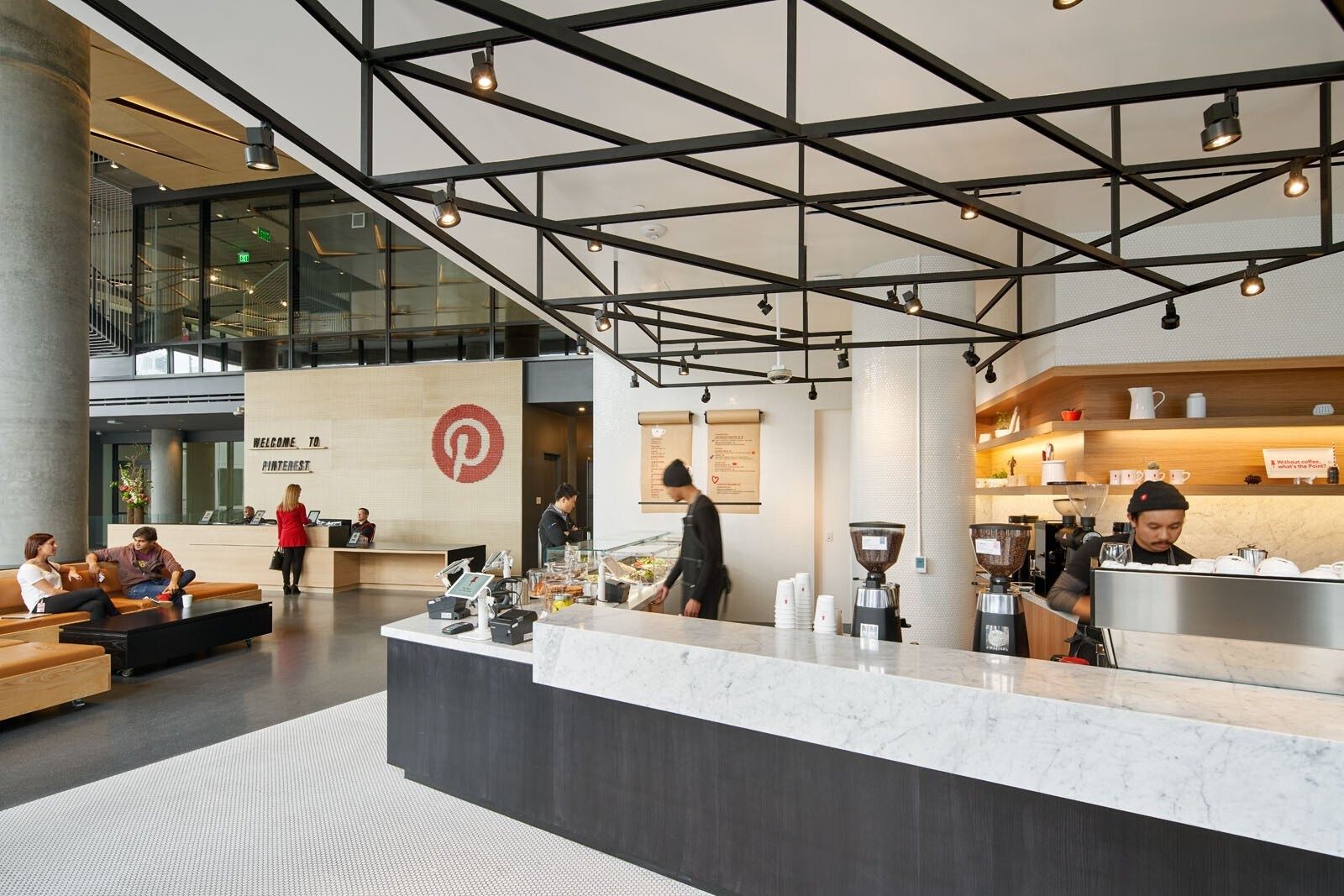 Pinterest: A coffee bar with a marble counter and black steel frame