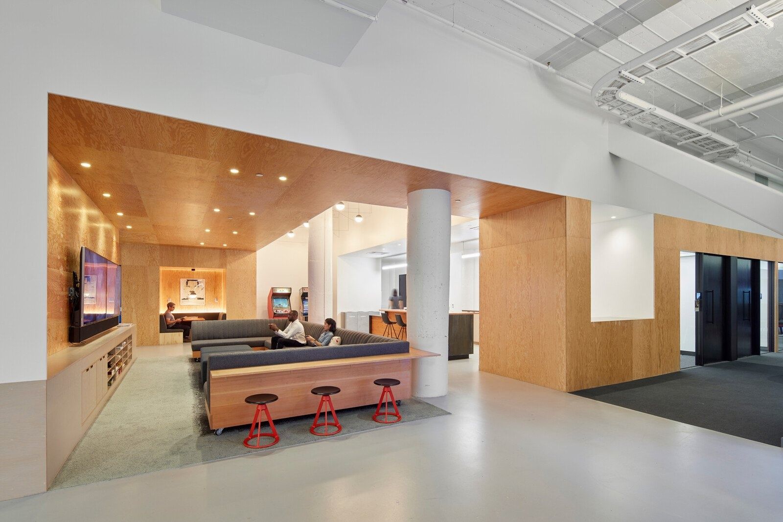 Pinterest: A lounge with a red-stool counter