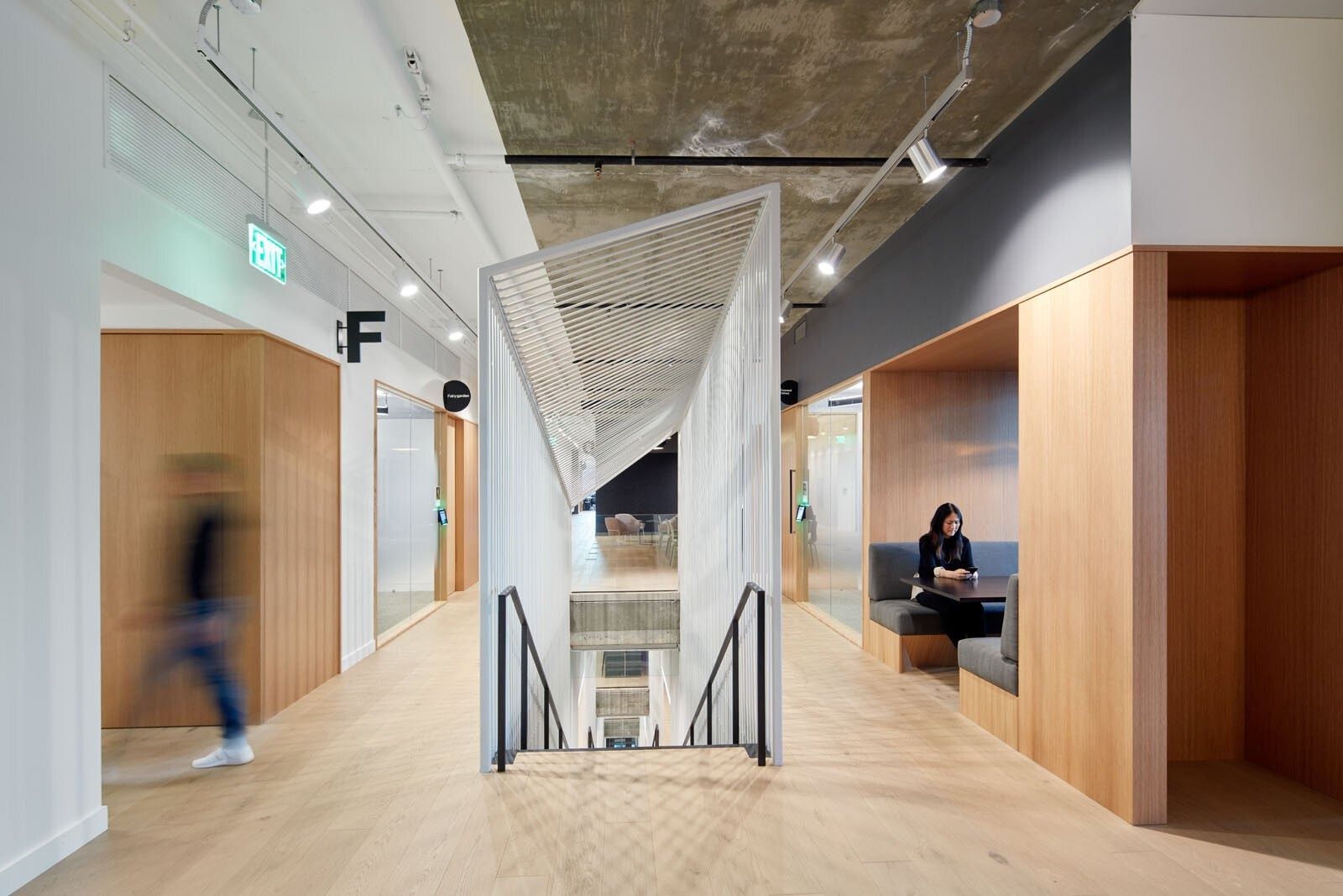 Pinterest: A white stair connecting floors between timber rooms