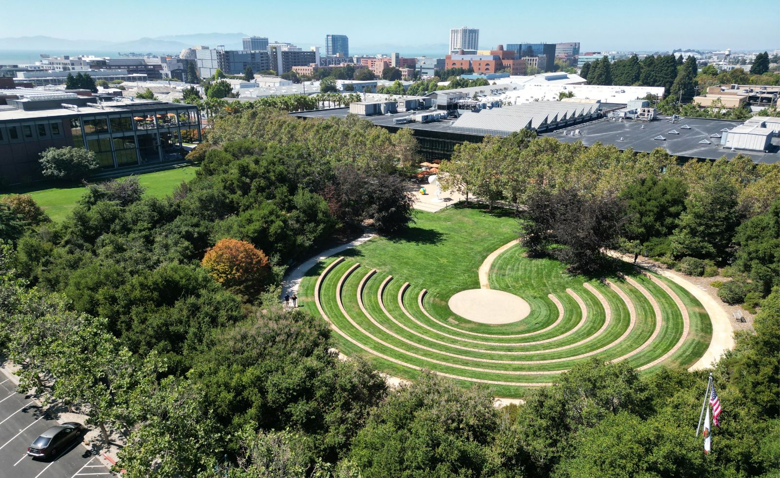 Pixar Animation Studios: Spiral of grass terraces surrounded by trees