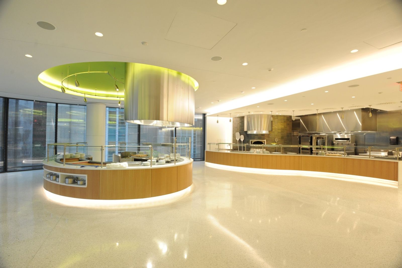 PNC Financial Services: Cafeteria with a round food station under a green ceiling ring