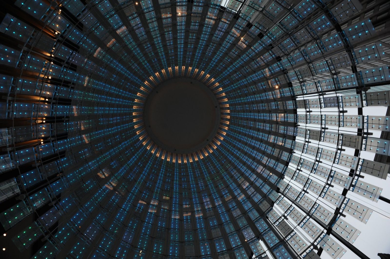 PNC Financial Services: Looking up inside a cylinder of lights