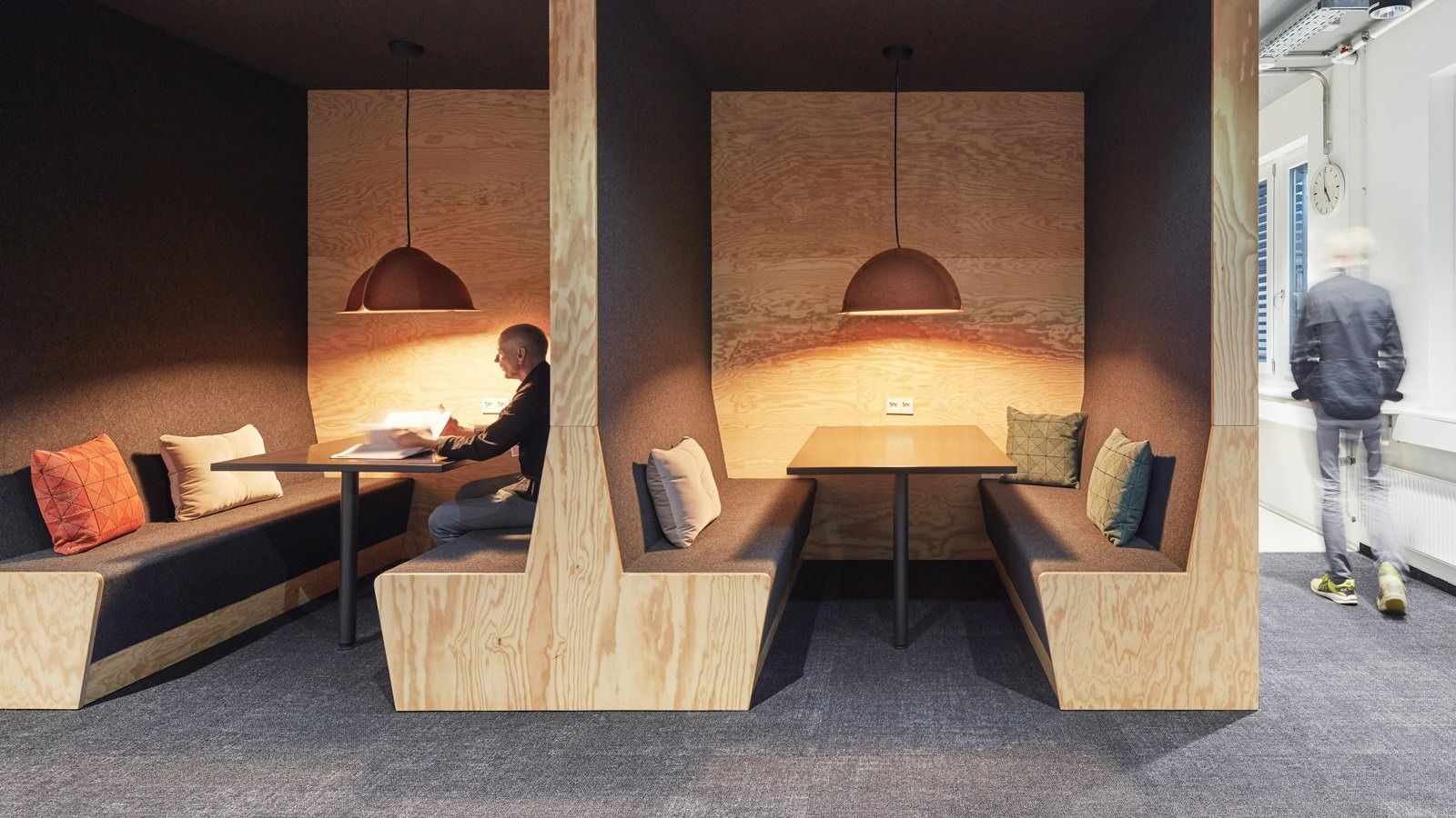 Porsche: Timber booths with pendant lamps