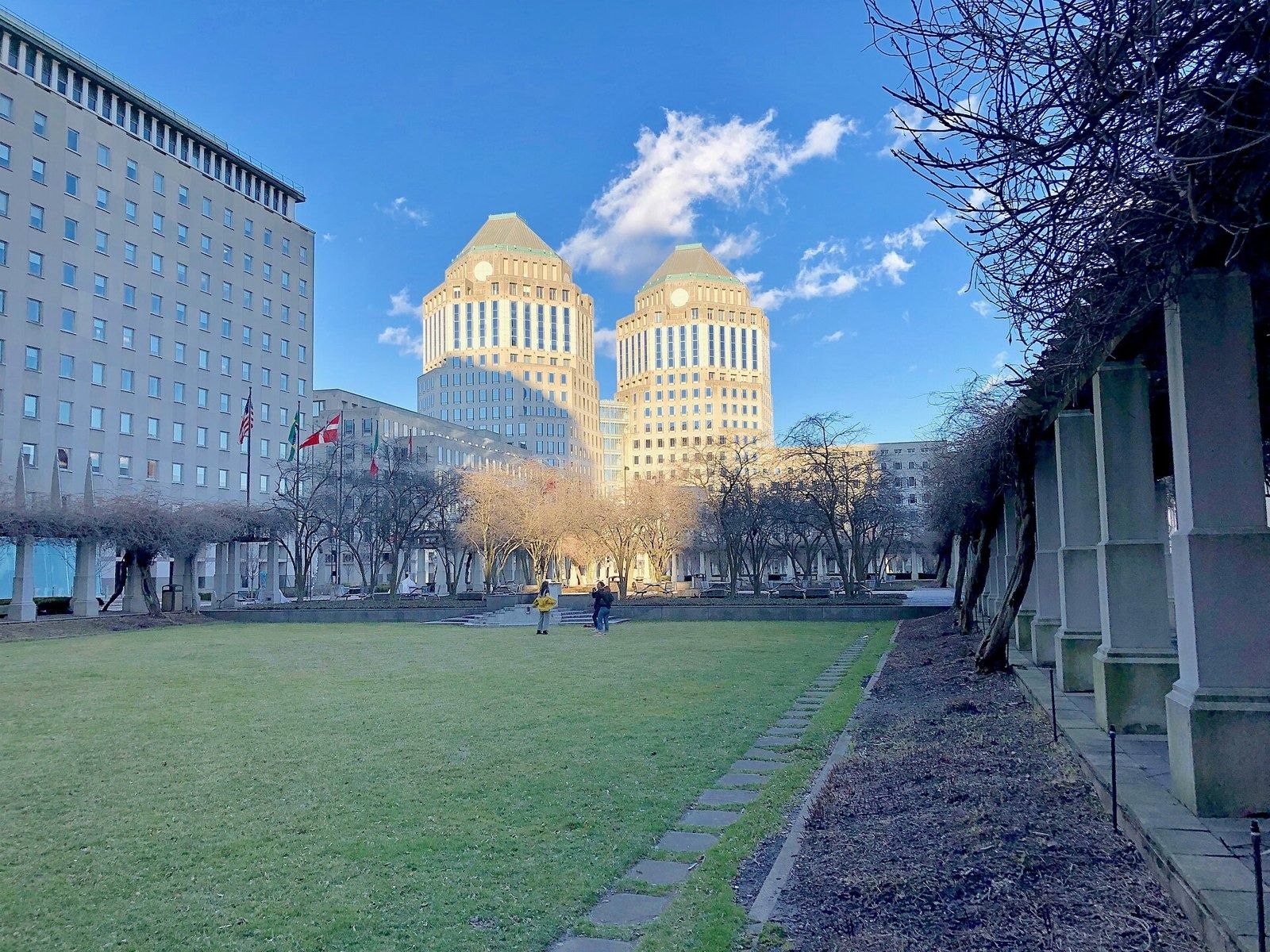 Procter & Gamble: Lawn and pergola beside the towers