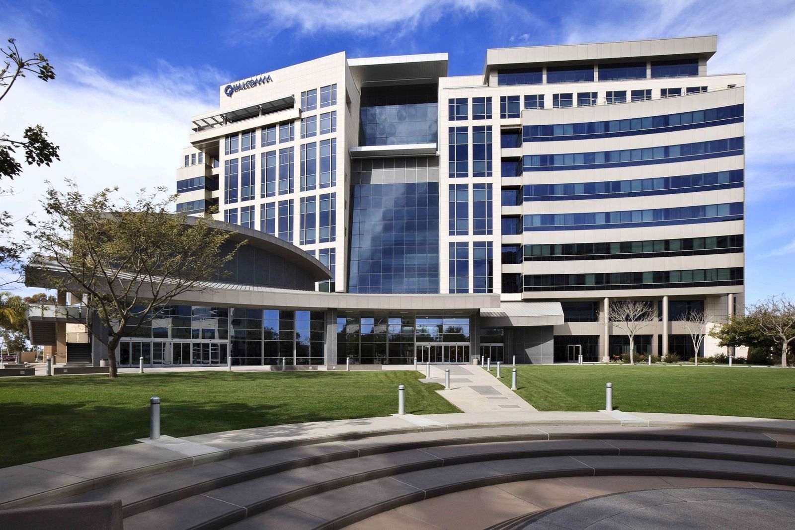 Qualcomm's N building headquarters with curved glass