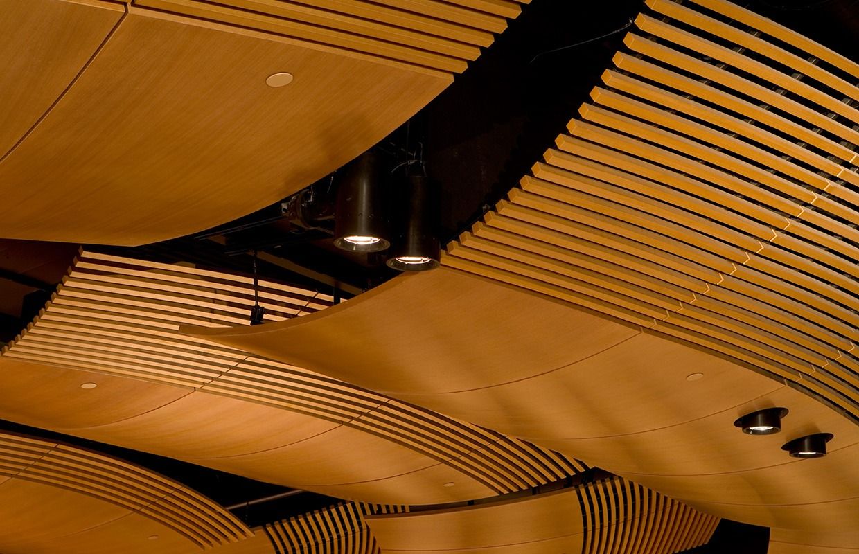 Qualcomm: Wooden acoustic reflectors in the auditorium ceiling