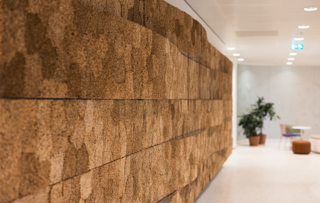 Rabobank: Curving wall of brown natural-fibre panels leading to a white lounge with plants and armchairs
