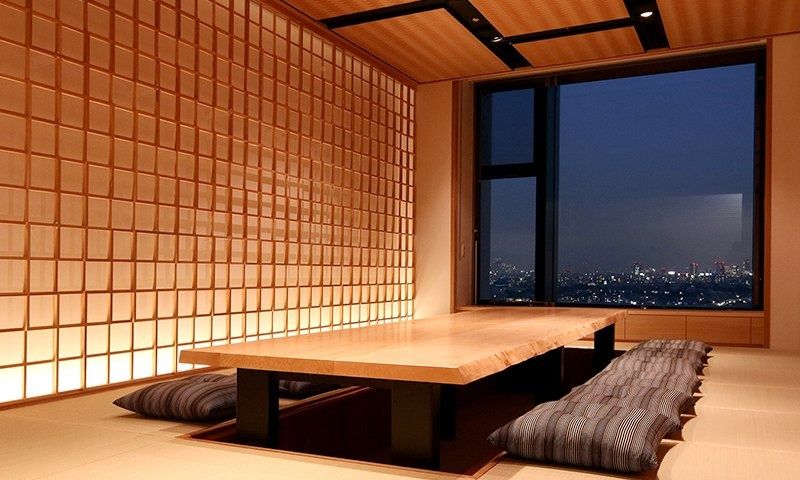 Rakuten Group: Japanese-style room with low table and floor cushions by a night window