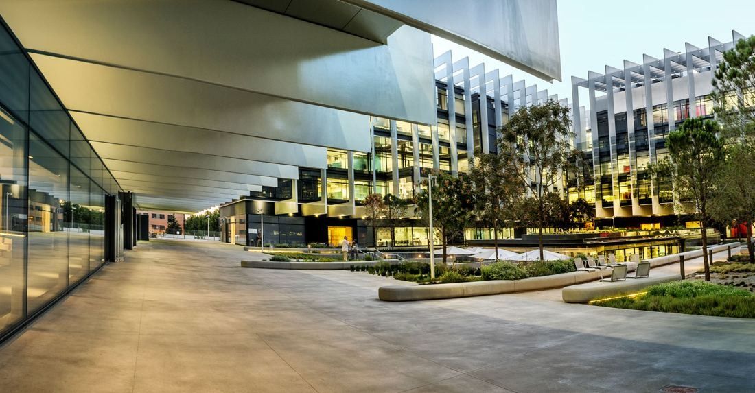 Repsol: Covered walkway beside glass façades opening onto a planted inner courtyard
