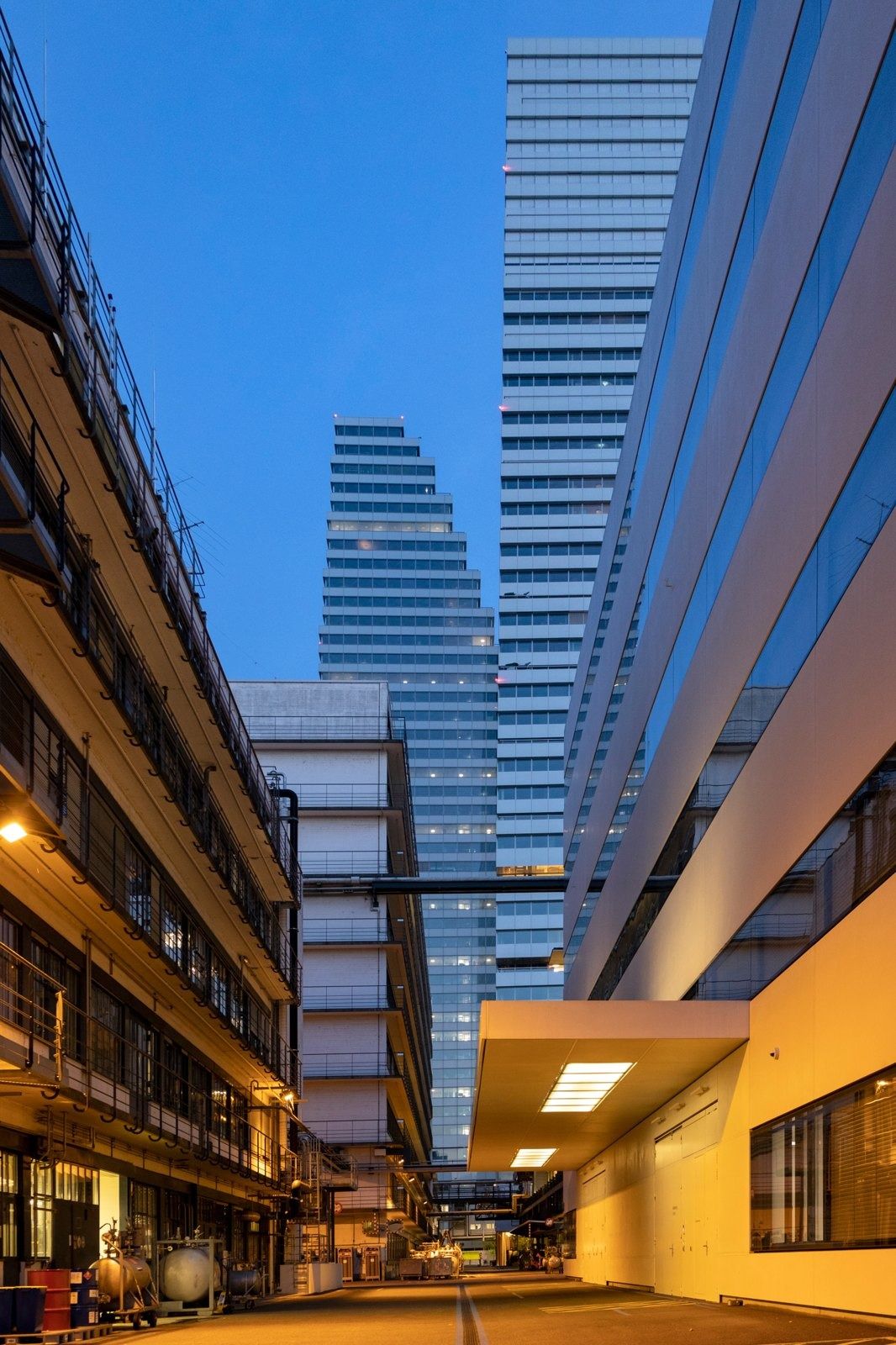 Roche: Street between lab buildings leading to the tower
