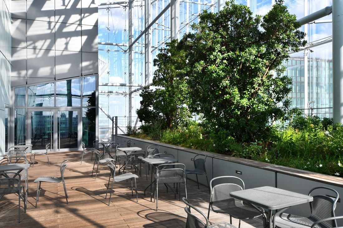 Saint-Gobain: Café tables and chairs on a wooden deck beside trees under a glass roof