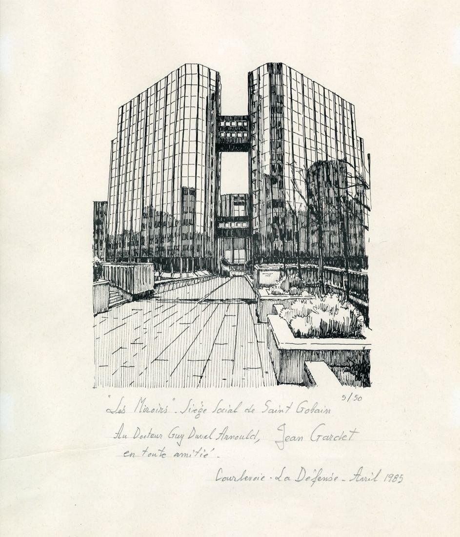 Engraving of a mirrored-glass office building with a raised walkway