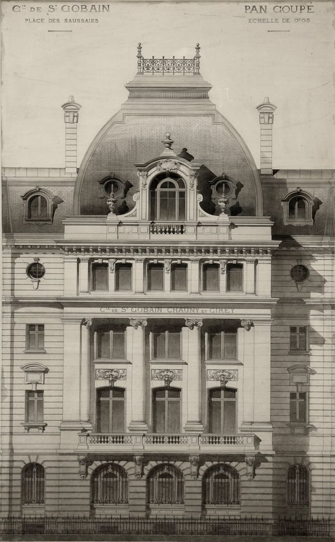Old photograph of an elevation drawing of an ornate stone façade with a dome
