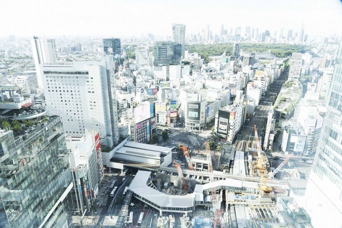 Sansan: High view down onto the streets and buildings around Shibuya Station