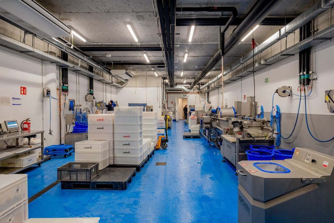 Banco Santander: Long work hall with machines, white crates and a blue floor
