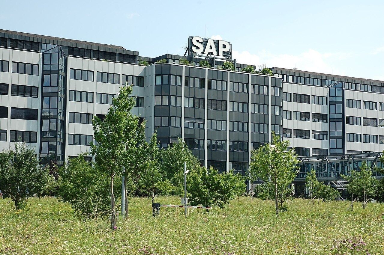 Grey office building with the SAP logo on the roof