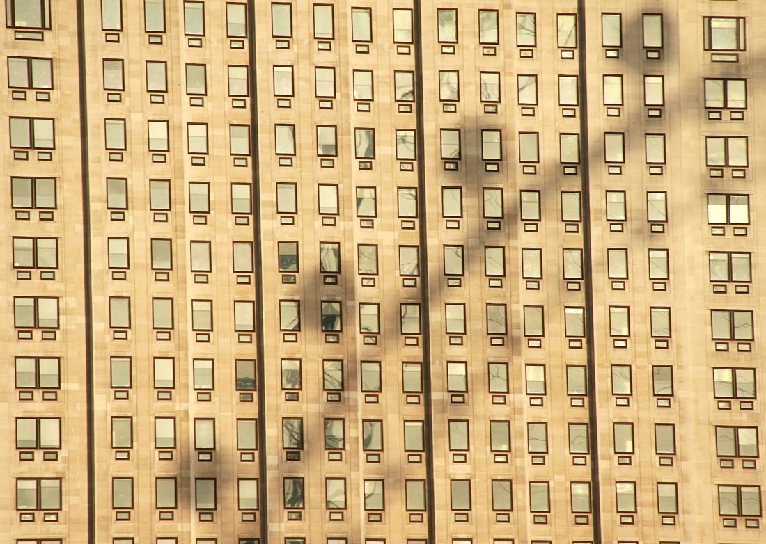 Shell: Flat close view of the stone facade with dense rows of windows and soft shadows