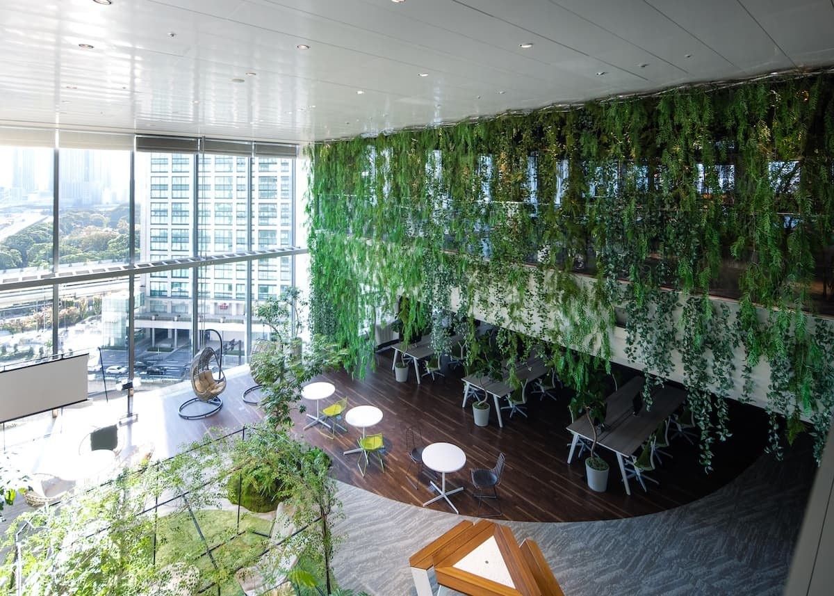 Shiseido: Green wall beside windows overlooking the city