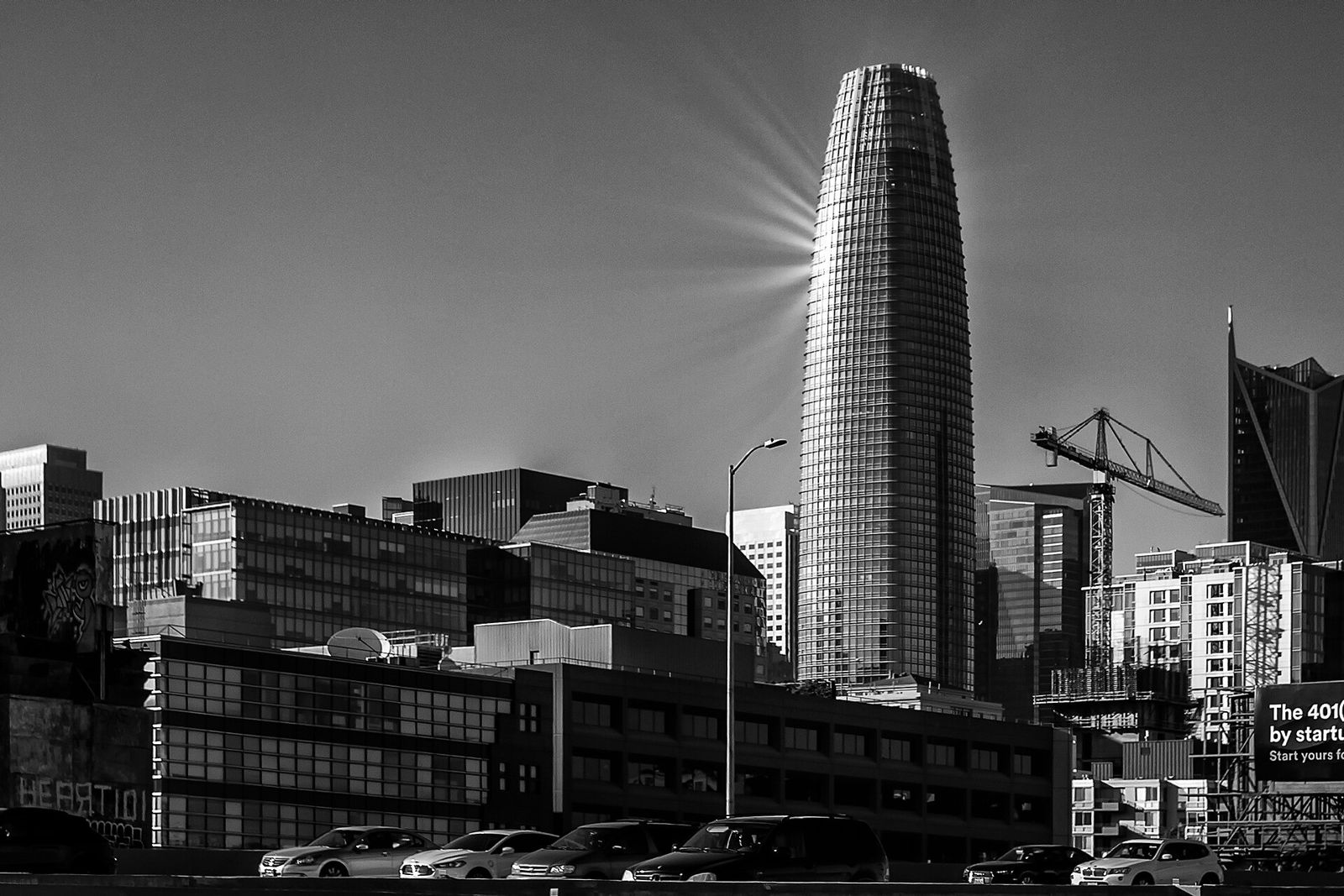 Slack: Black-and-white view of the tower over low buildings