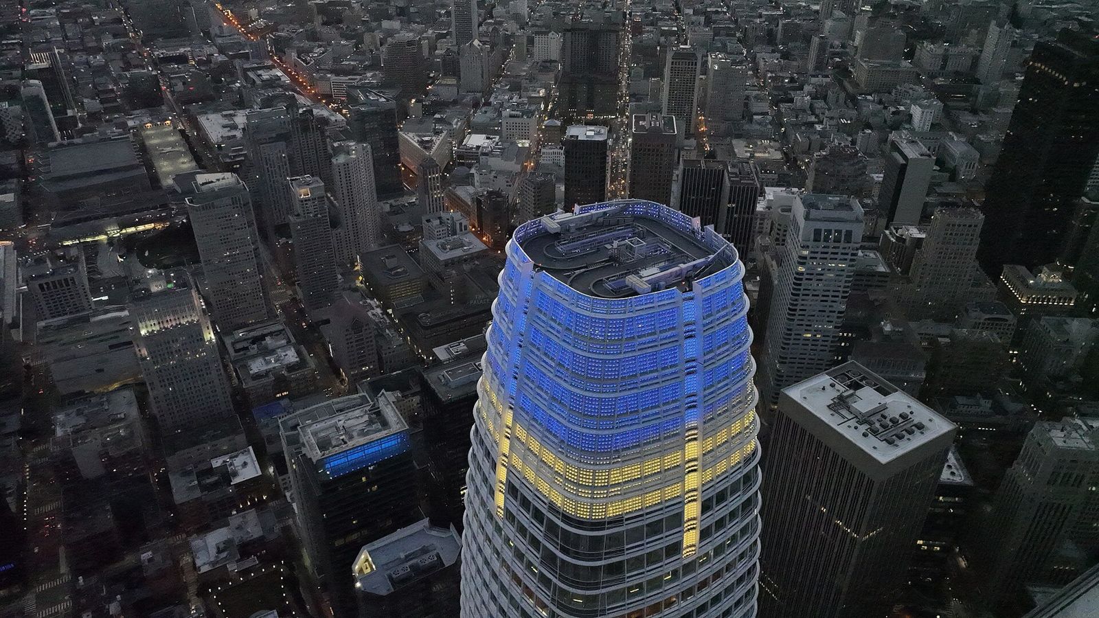 Slack: The crown lit in blue and yellow at night