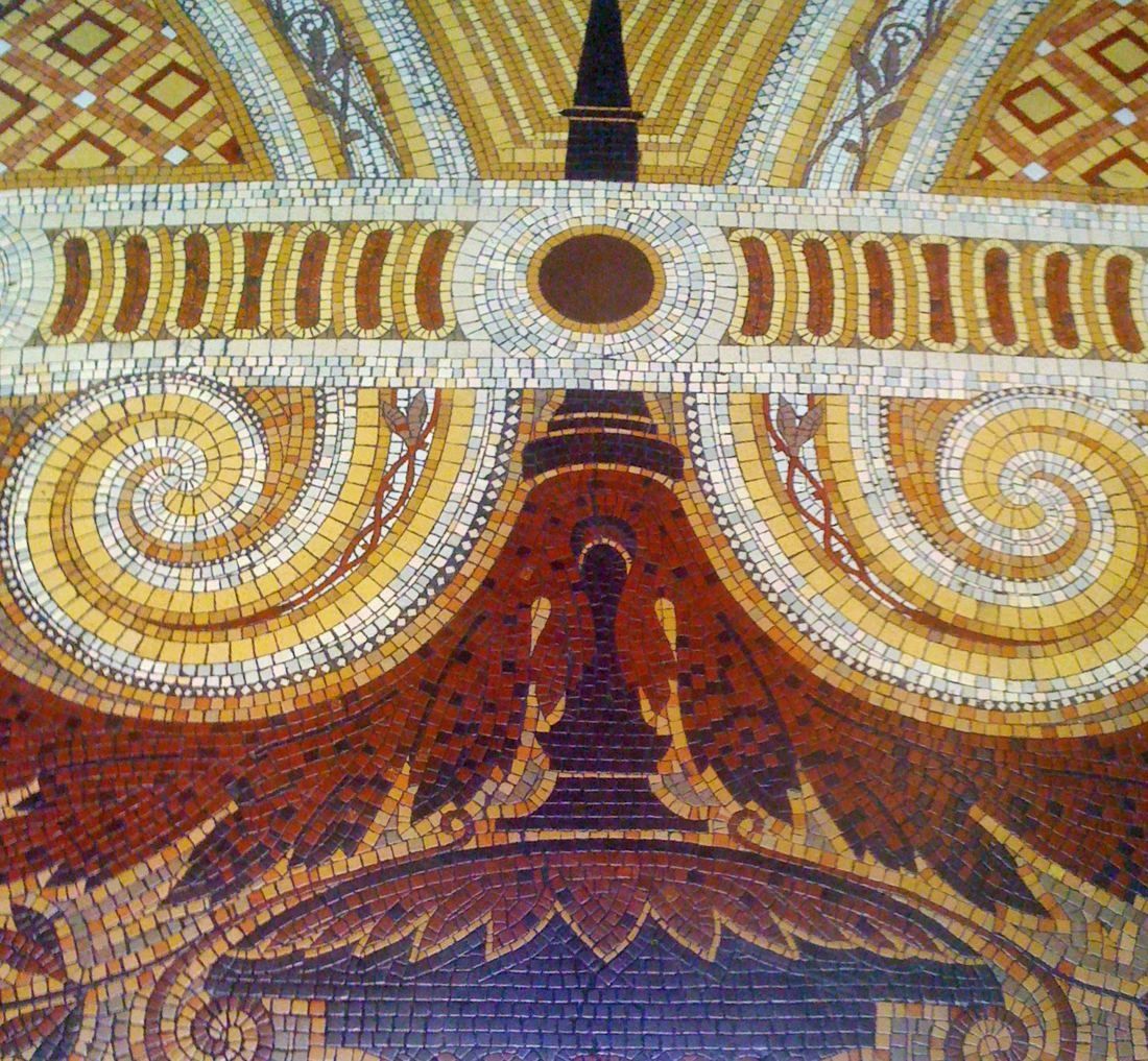 Société Générale: Close-up of a colourful mosaic floor with golden spirals and red and blue patterns