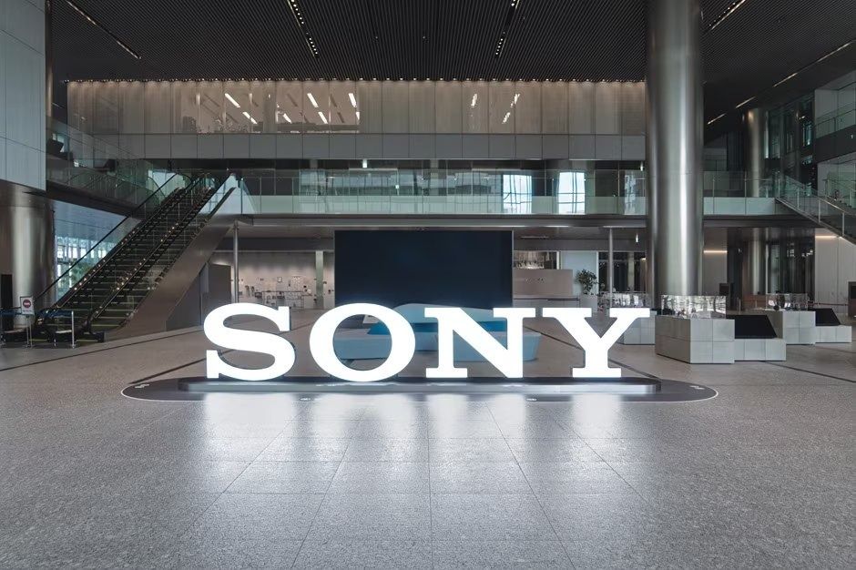 Sony Group: A large SONY logo sign in the entrance hall