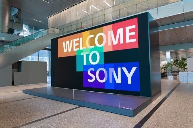 Sony Group: A large 'Welcome to Sony' LED display in the entrance hall