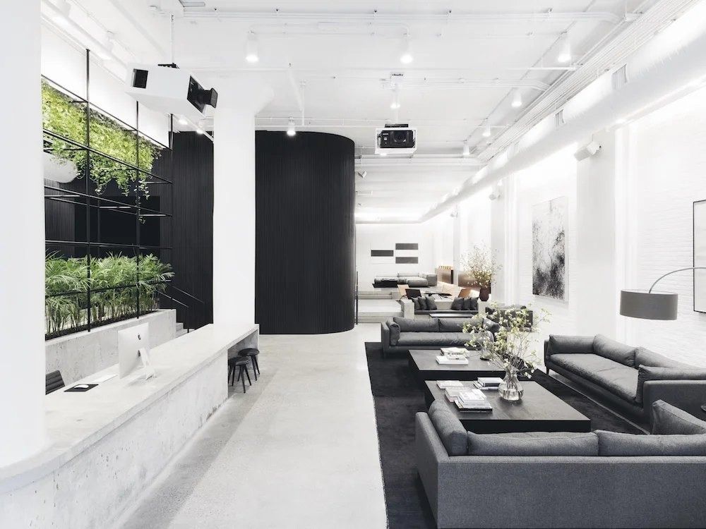 Squarespace: White lounge with grey sofas, a wall of plants and a black curved column