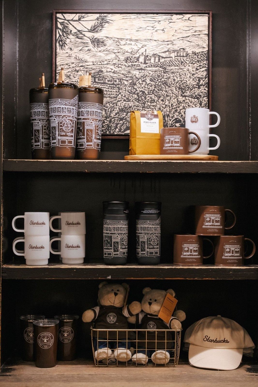 Starbucks: Shelves of mugs and merchandise
