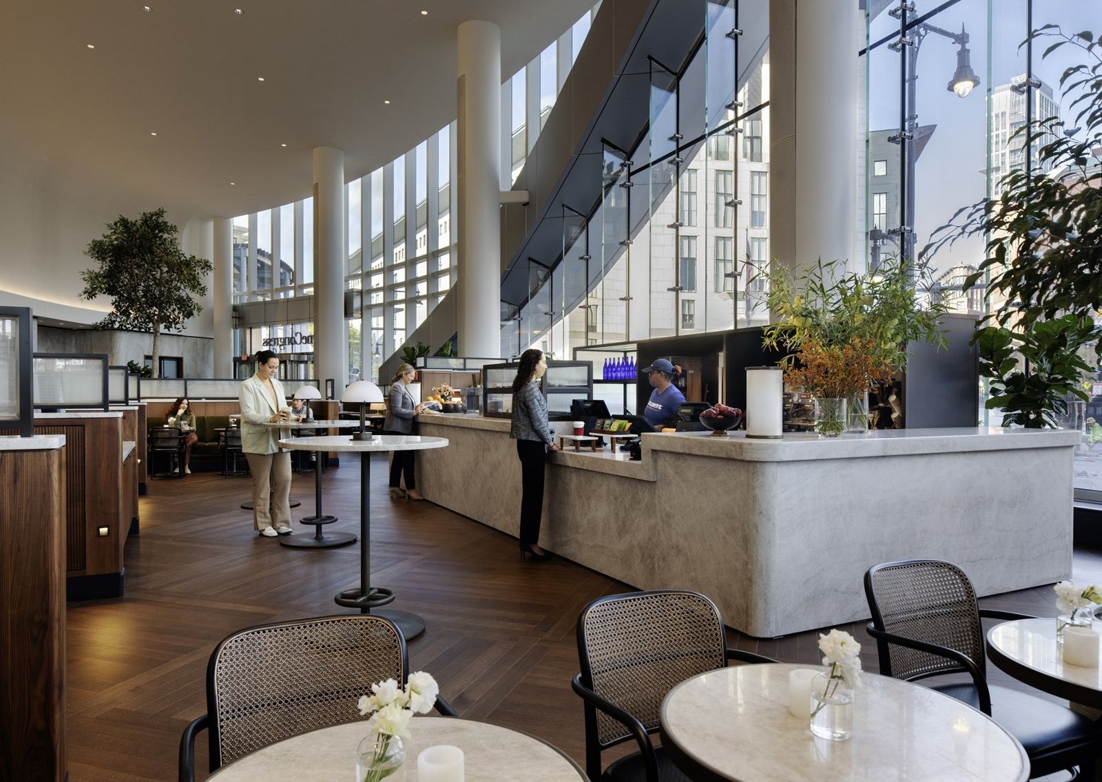 State Street: Coffee bar with marble counter and round tables