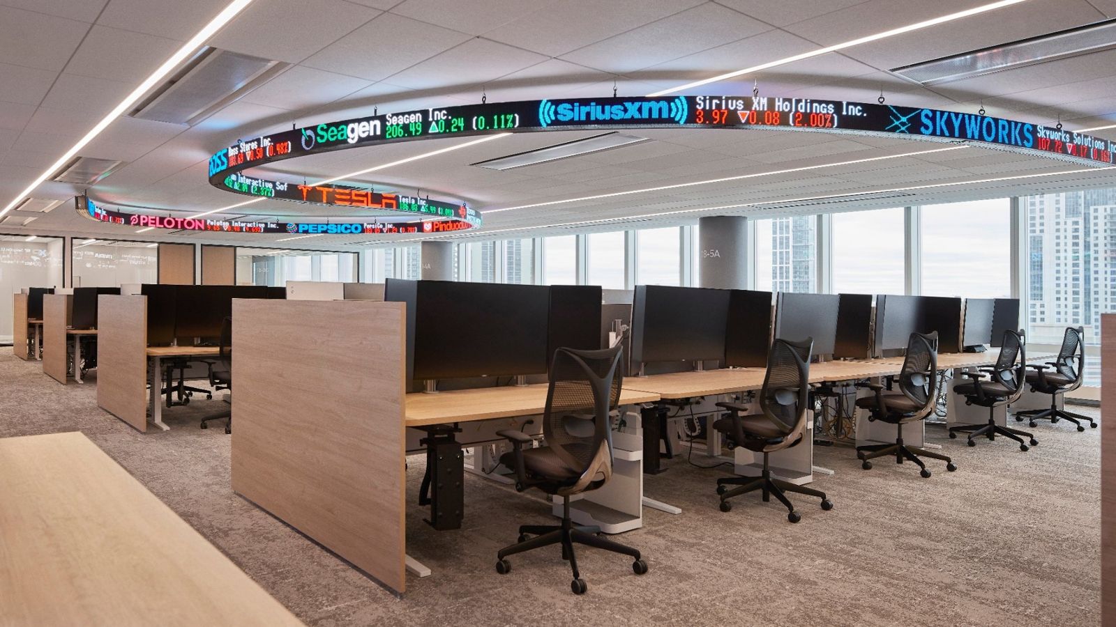 State Street: Rows of desks under a ring of scrolling stock quotes