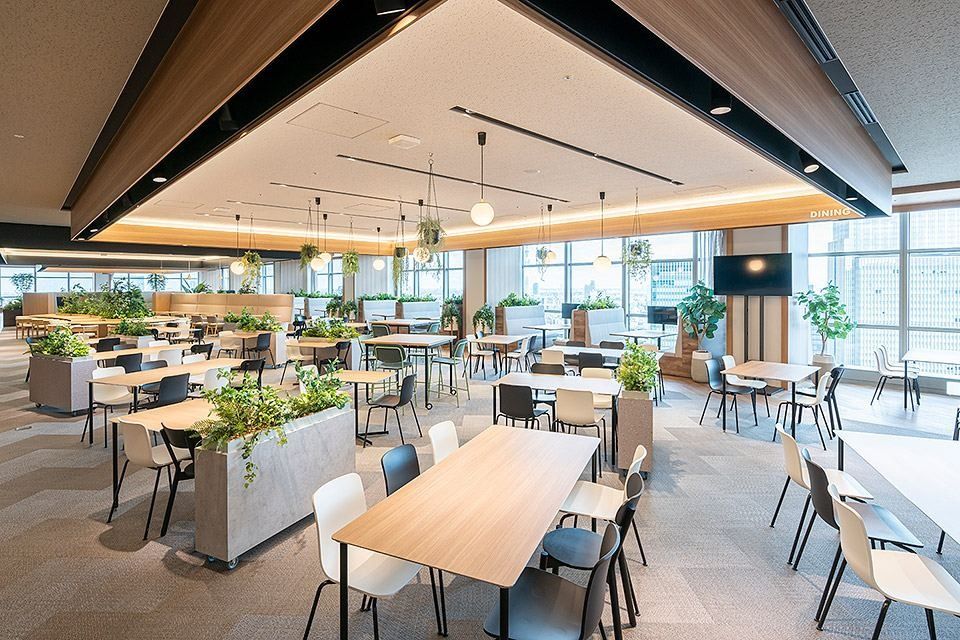 Sumitomo Corporation: Bright canteen with wooden tables, white and black chairs and planters under a wood-trimmed ceiling