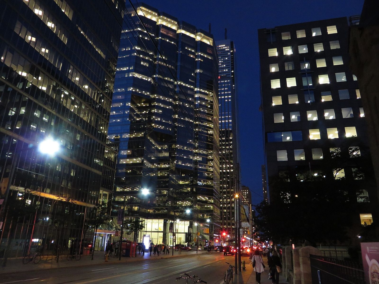 Office towers lit up at night
