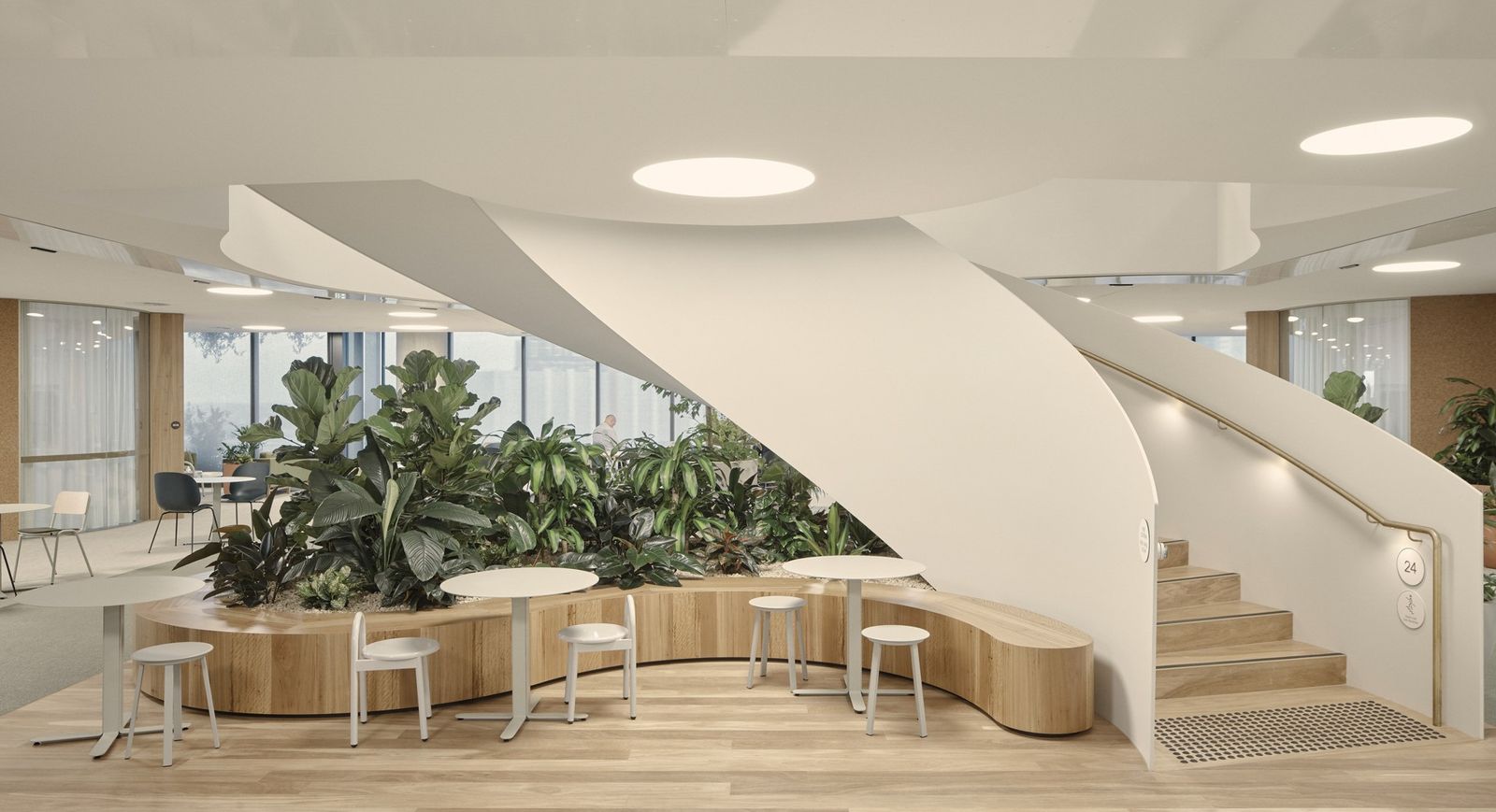 Suncorp: A sweeping white stair curving above a timber planter and round café tables