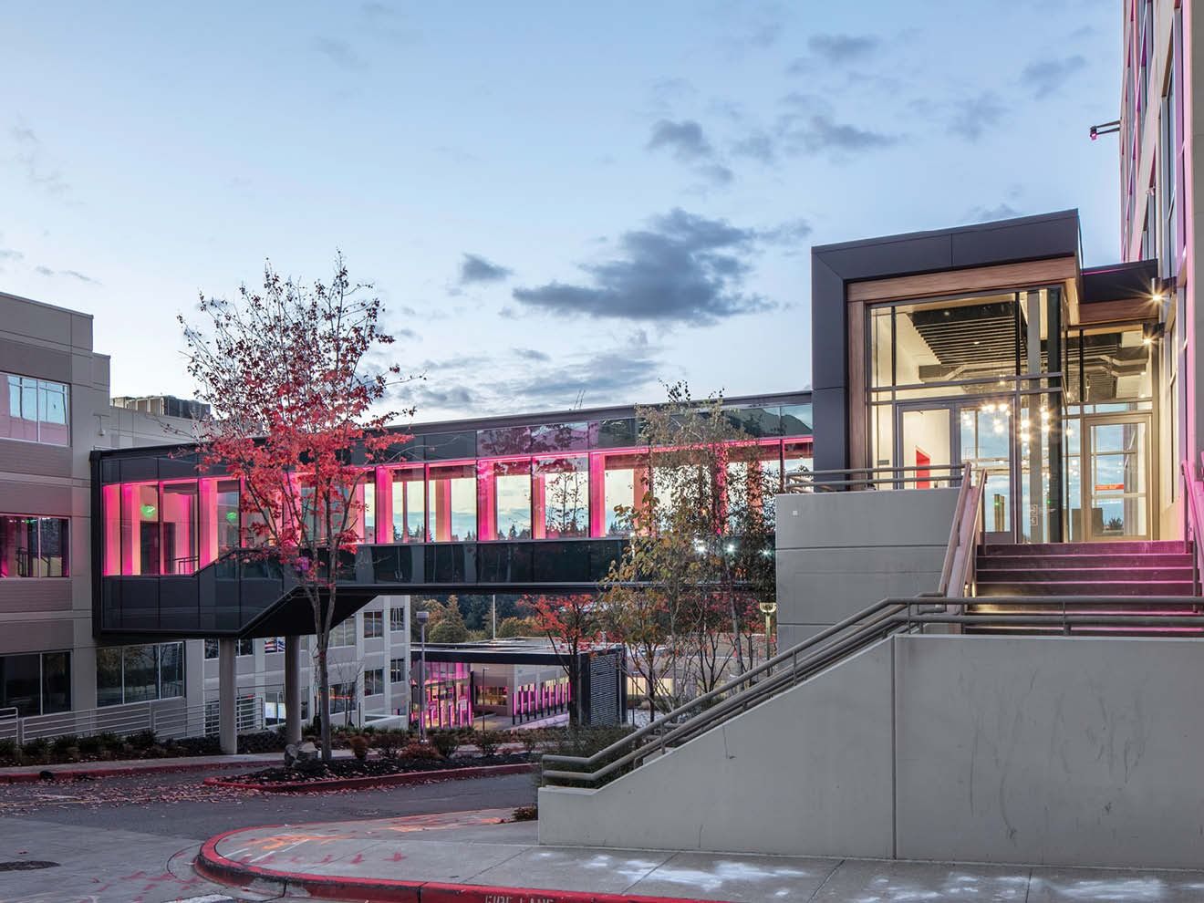 T-Mobile US: Stair tower and skybridge with a red-leaved tree
