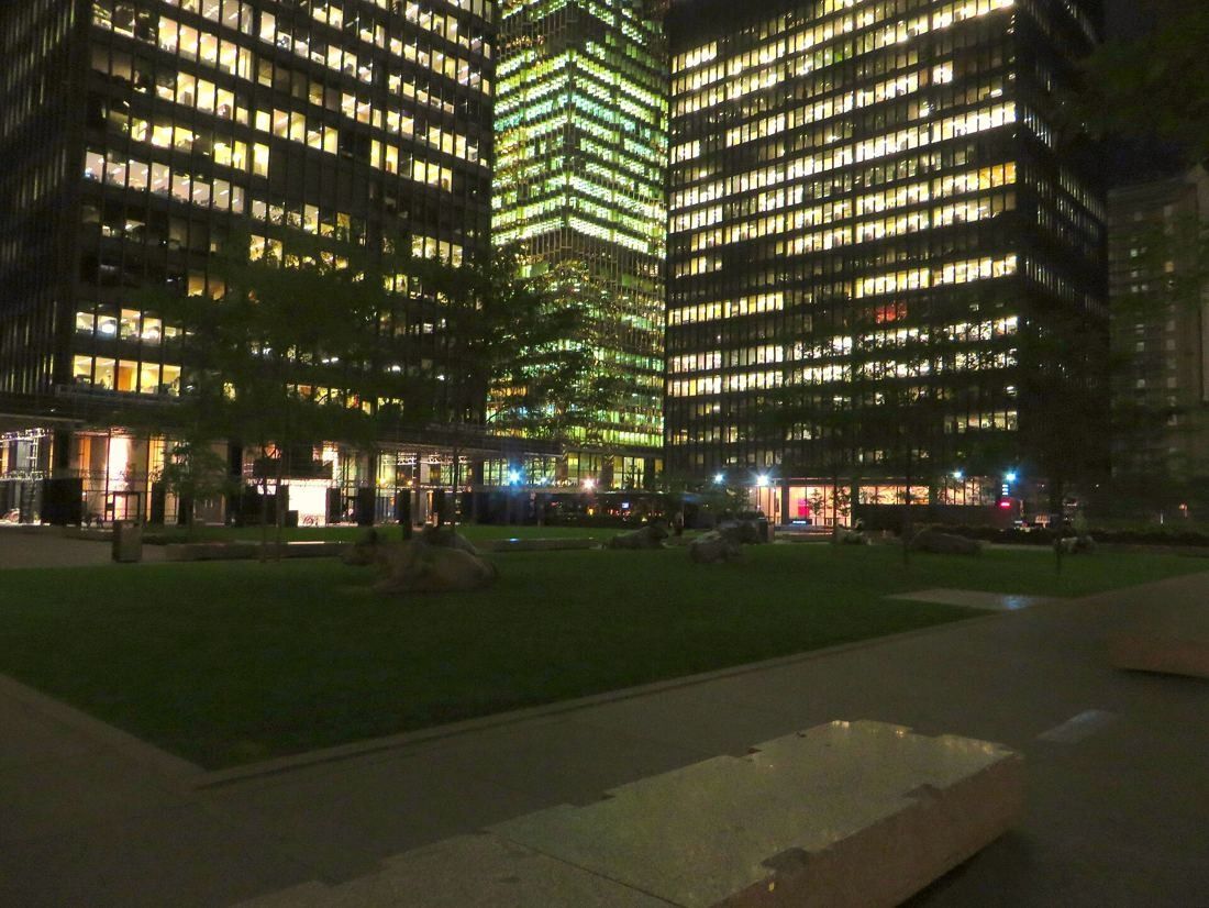 TD Bank Group (The Toronto-Dominion Bank): Lit office towers at night above a lawn
