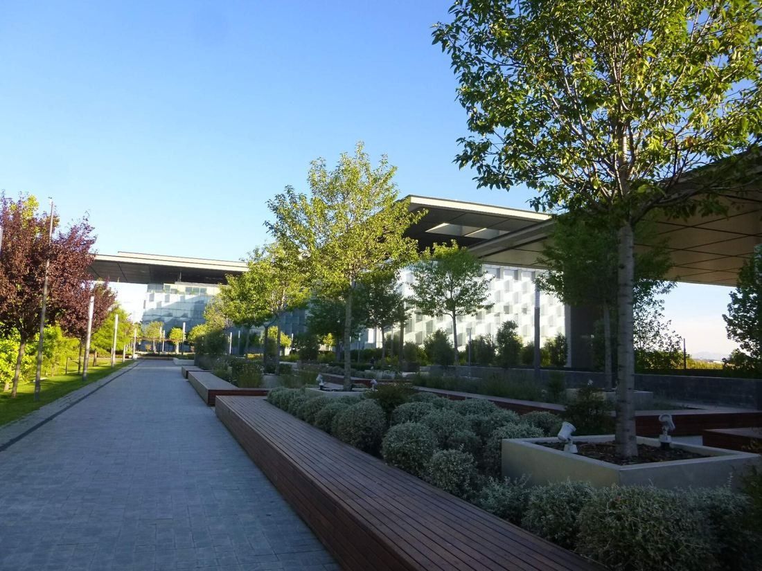 Telefónica: Paved path beside planted beds and trees running under a canopy