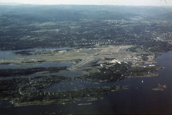 Aerial view of Fornebu airport on its peninsula in the Oslo fjord