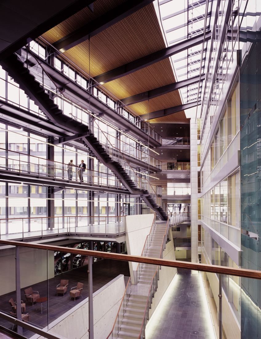 Telenor: Narrow multi-storey atrium with walkways, stairs and a glass roof