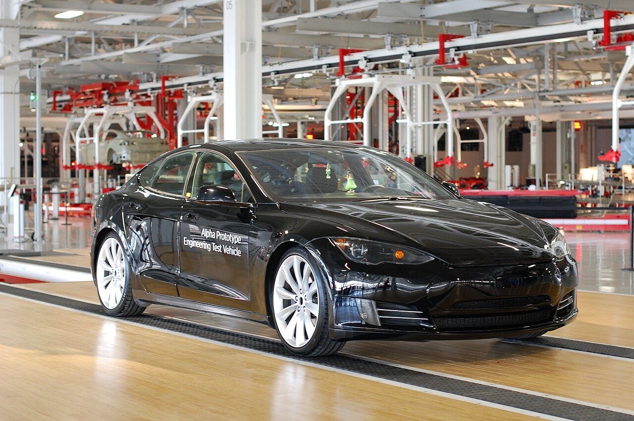 Tesla: A Model S test car on the Fremont factory floor