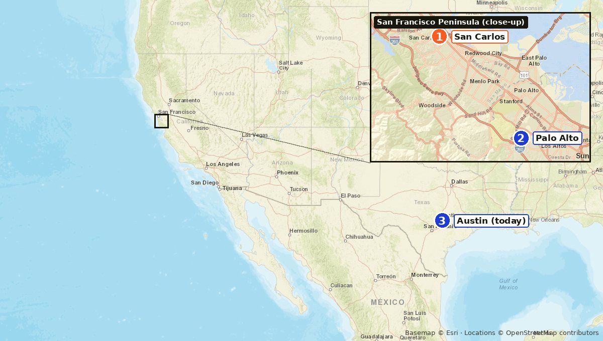 Map from San Carlos and Palo Alto to Austin