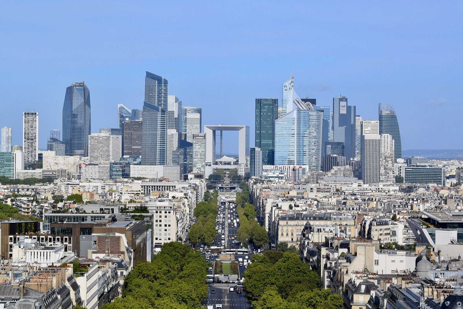 TotalEnergies: La Défense skyline seen down the avenue from the Arc de Triomphe