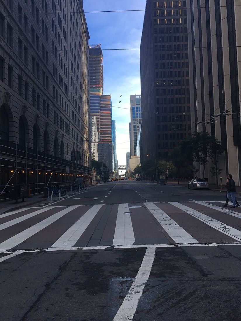 Empty Beale Street between high-rise office buildings