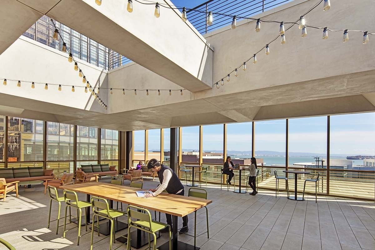 Uber: A break area with long tables and windows over the bay