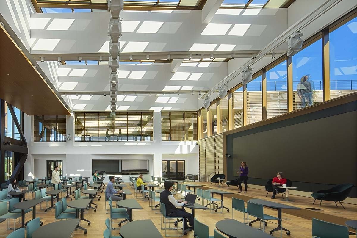 Uber: The Forum, a sunlit double-height event space under a grid of skylights