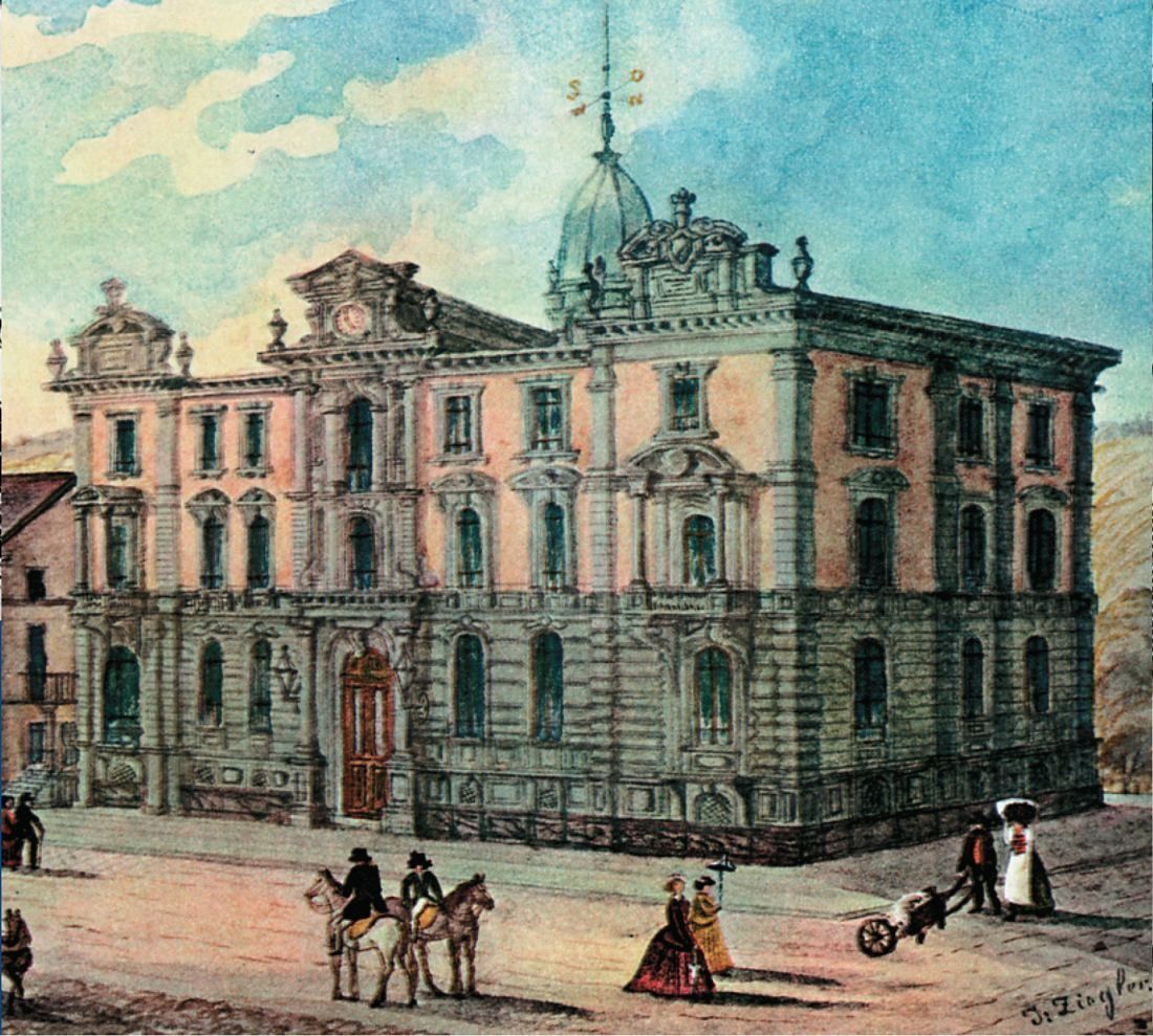 Coloured painting of an ornate baroque bank building on a street with horse carriages and pedestrians