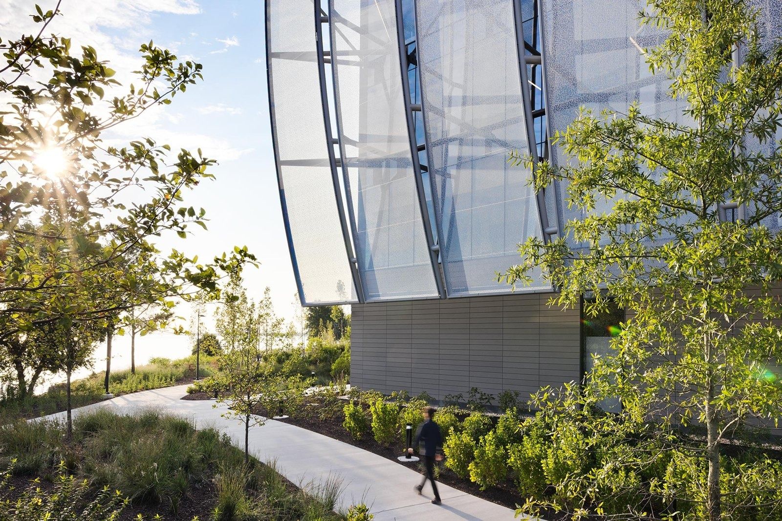 Under Armour: Path through planted landscaping beside the curved facade, sunlight through the trees