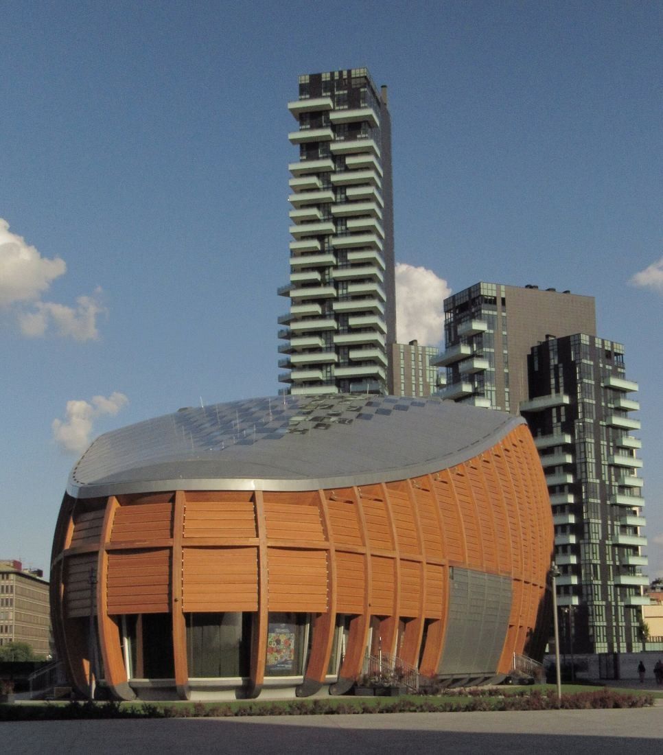 UniCredit: Rounded timber-clad pavilion in front of a residential tower covered with plants